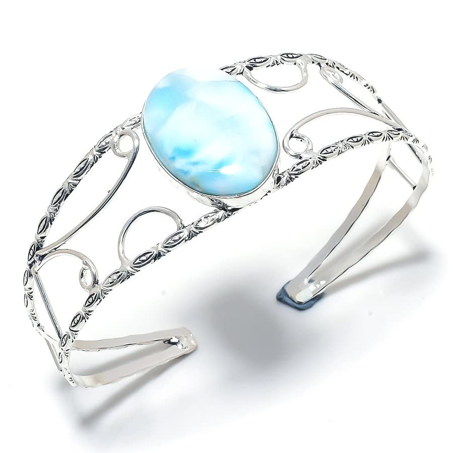 Republic Larimar Gemstone Handmade 925 Sterling Silver Adjustable Cuff Bracelet – Natural Caribbean Larimar, Hypoallergenic, Gift Ready