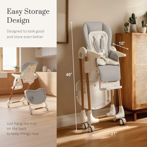 Image of Mallify Foldable High Chairs for Babies and Toddlers, 3-in-1 Convertible Baby High Chair with Removable Soft Cushion and Tray, Adjustable Height & Recline, Lockable Wheels, Ligh Gray