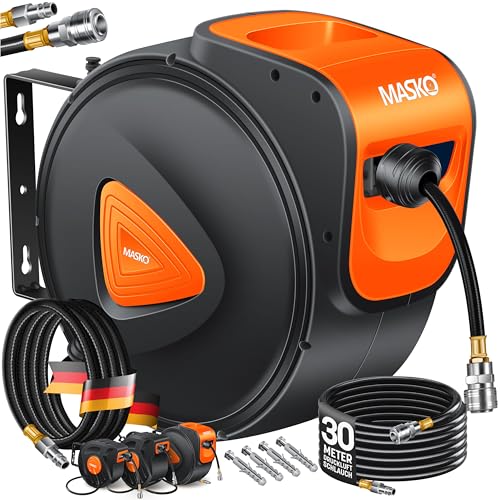 MASKO® Automatik Druckluftschlauch Aufroller 30m – Schlauchtrommel mit 1/4' Anschluss, Schlauchaufroller, Wandhalterung, Tragegriff, 180° schwenkbar, Schlauchbremse, vormontiert & sofort einsatzbereit