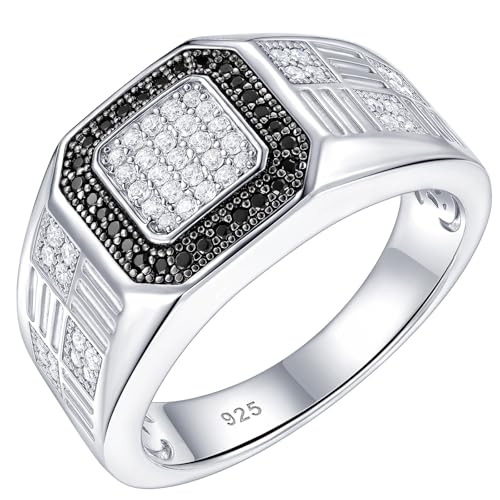 Mens Wedding Band Pave 5A Black and White Cubic Zirconia 925 Sterling Silver Round Cut 14K White Gold Plated Promise Ring For Him Size 7-14