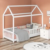 HOMCOM House-Shaped Kids Bed Frame, Solid Pine Wood Single Bed Frame with Guard Rails for Kids Boys and Girls, White