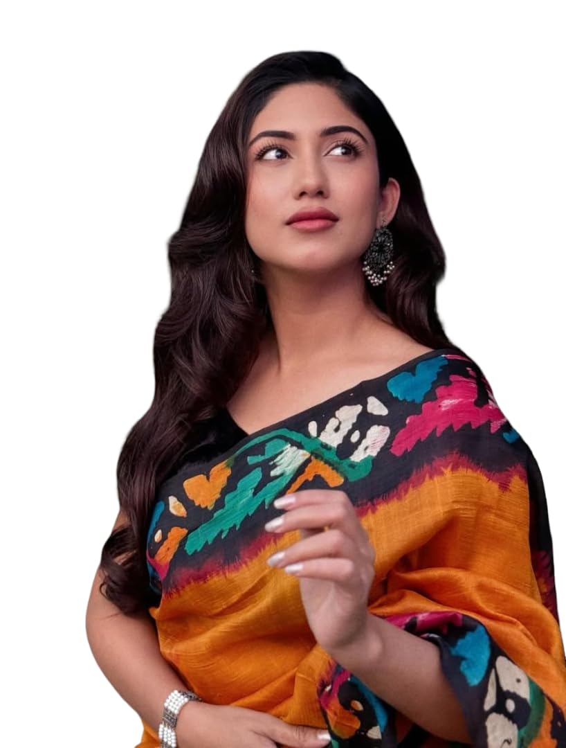 Stylish Orange Linen Saree with Multicolor Printed Border & Pallu | Lightweight Designer Ethnic Wear Saree for Women-image-33