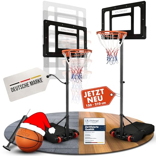 VALENESS® Basketballkorb Outdoor - [135 bis 305 cm] Höhenverstellbarer und Wetterfester Ständer - Profi Korb Mit Basketball und Pumpe für Kinder und Erwachsene (Kinder 150-210 cm)
