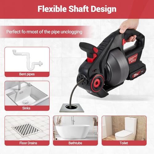Electric Drain Auger, 25FT Plumbing Snakes, Snake Drain Clog Remover for Unclogging Toilet, Sewer, Bathroom, Sink Drain Pipes(Batteries Included)