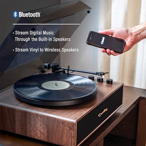 Crosley CR6046A-WAGL Stave 2-Speed Bluetooth Record Player Turntable with Built-in Speakers, Walnut - Thumbnail 7