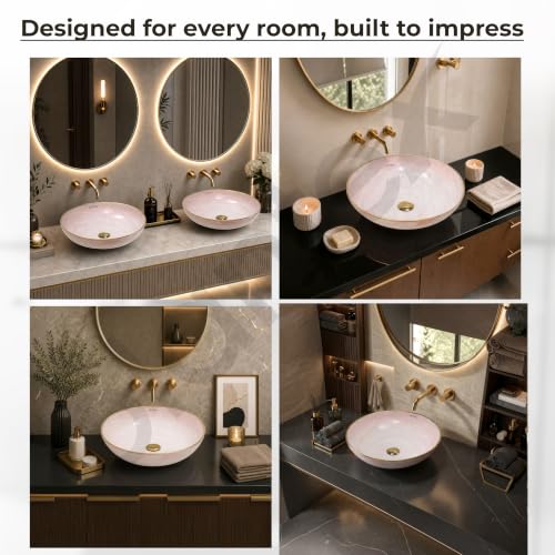 Image of Plantex Wash Basin /Ceramic Table Top Wash Basin /Designer Countertop Basin for Bathroom /Restaurants /Hotel (Pink & Gold - 16.5 x 16.5 x 4 Inch)