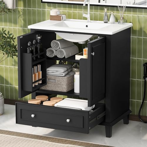 Zepneiy Meuble Salle de Bain avec Vasque, Armoire Salle de Bain avec Grand Espace de Rangement, Meuble Bas Noir 76x46x87 cm pour Salle de Bains et WC invités...
