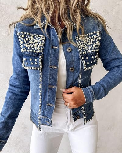LifeShe Women's Pearls Denim Jacket Cropped Rhinestones Jean Blazer Coat3