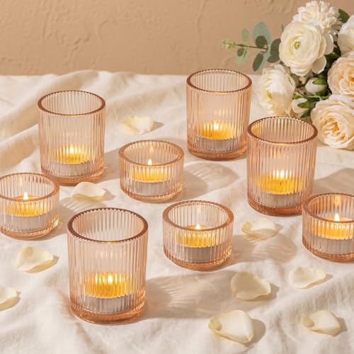 Glasseam Teelichtgläser Gold Teelichthalter Glas: 8er Set Teelichtglas Gerippt Teelicht Gläser für Tischdeko Klein Kerzengläser Votivkerzenhalter für Tisch Weihnachten Hochzeit Deko
