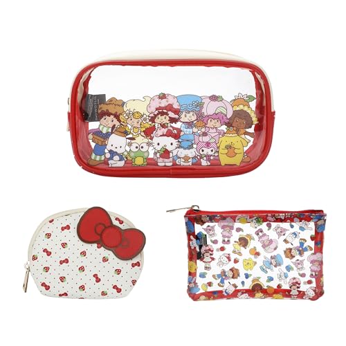 Bioworld Hello Kitty X Strawberry Shortcake Character Print 3-Piece Cosmetic Set