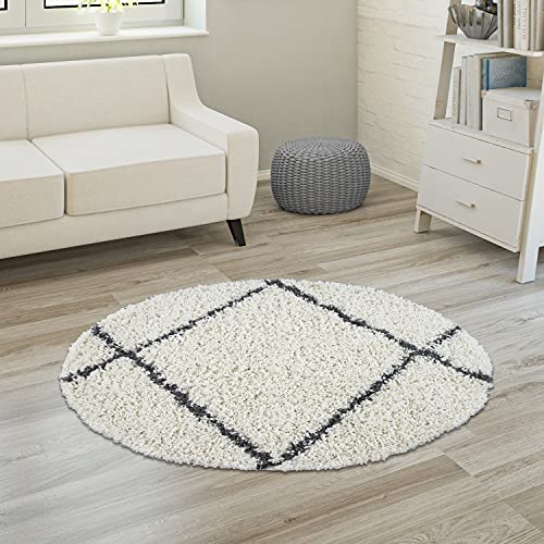 Paco Home Hochflor Teppich Wohnzimmer Shaggy Langflor Skandinavisch Rautenmuster Modern, Grösse:200 cm Rund, Farbe:Creme