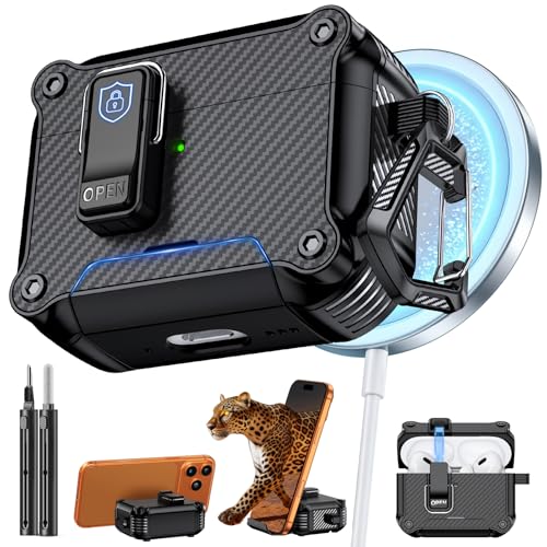 Image of Inesore for AirPods AirPods Pro 1st /2nd Case with Secure Lock (Black) | Phone Stand Design,Compatible with MagSafe,Automatic Snap Switch Secure Cover Carbon Fiber Texture with Cleaner Kit