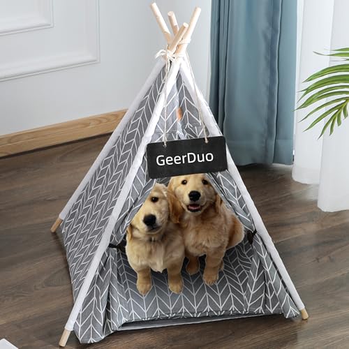 GeerDuo Pet Teepee for Small Dogs Cats Rabbits 24in Non-Collapse Portable Pet Tent with Washable Cushion Cozy Private Pet House for Indoor Outdoor Travel Camping (Grey)