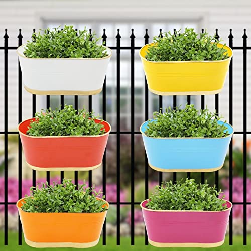 ecofynd 12 Inches Balcony Railing Planter, Hanging Flower Pots for Grills, Home Gardening Outdoor Oval Rectangular Metal Plant Pots, Pack of 6 (Multicolor)