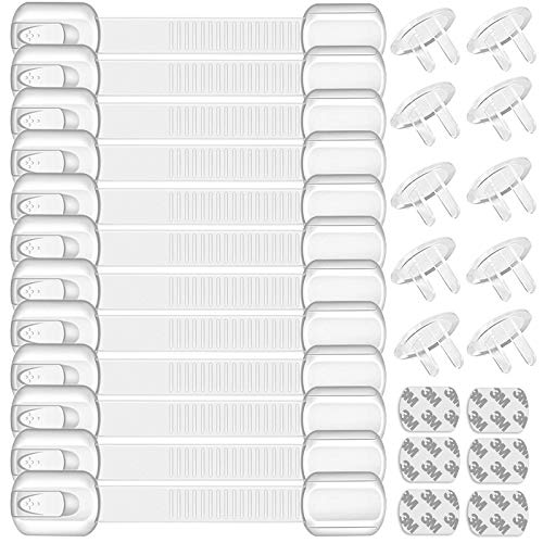 12Pack Child Safety Cabinet Locks Set Baby Proofing Strap Latches Locks(with 6pcs Spare Adhesive) Used for Safety Drawer Cupboard Oven Refrigerator Toilets Seat Fridge & 10Pcs Clear Outlet Plug Cover