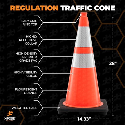 Image of Xpose Safety 28 inch Orange Traffic Cones, 24-Pack, 6 inch & 4 inch Collar