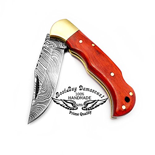 Pocket Knife Beautiful Orange Wood 6.5'' Handmade Custom Knife Damascus Steel Pocket Knifes for Men & Women Pocket Folding Knife With Back Lock Knives Set For Hunting Fishing Camping Hiking Damascus Hunting Knife with Real Leather Sheath Knives 100% Best  - Thumbnail 3