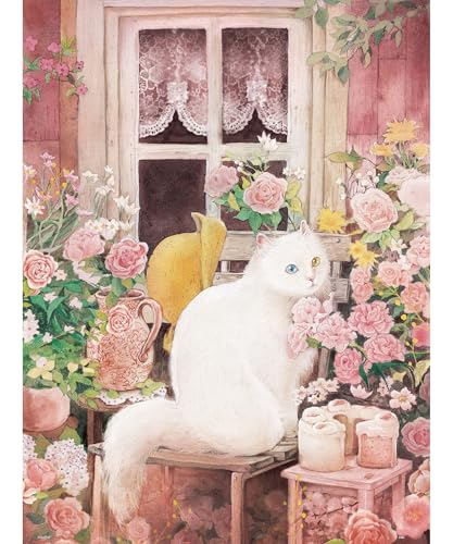 PieceRelax Plastic Jigsaw Puzzle for Adults 1000 Pieces - Jina - A cat in The Rose Garden - 25.2 X 18.9 Inches, Most Satisfying Table Games, No Glue...