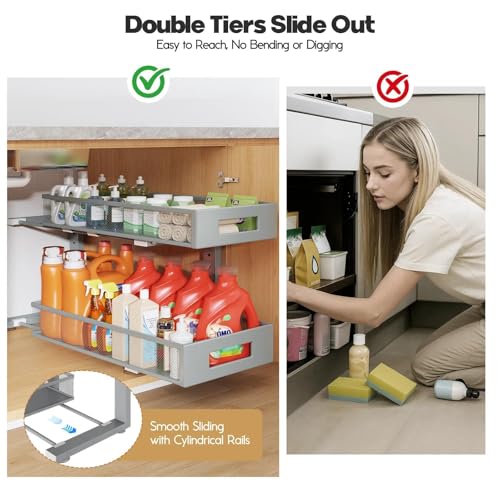 Image of 2 Packs 21IN Depth Under Sink Organizer, 2-Tier Pull Out Cabinet Organizer With Smooth Circular Rail, Large Capacity Metal Mesh Sliding Drawers For Bathroom& Kitchen Storage,Height Adjustable-Gun Gray