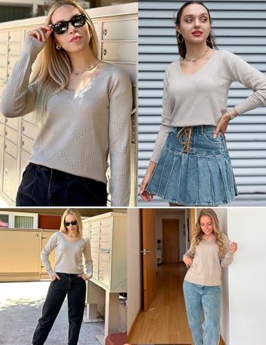 Image of Zeagoo Womens Sweaters Fall Trendy Casual Long Sleeve Shirt Lightweight V Neck Off Shoulder Crochet Pullover Top Outfit