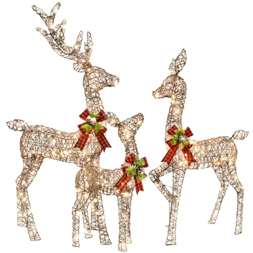 Christmas Decorations Outdoors Reindeer Family - Light up Christmas Decor Brown Deer 3 Piece with LED Lights, Extension Cord, Ground Stakes, for Outdoor Front Yard Porch - Brown