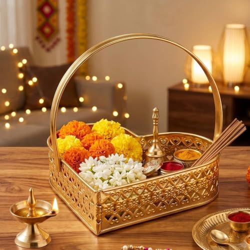 Image of Multipurpose Metal Basket For Gift Hamper, Pooja Temple Storage With Sturdy Handle, Decorative Flower Organizer & Versatile Puja Utility Accessories Home Decoration (Heart Shape)