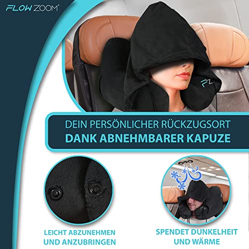 Nackenkissen aufblasbar von FLOWZOOM - aufblasbares Nackenhörnchen für Reisen in Flugzeug, Auto, Zug - Schnell aufblasbar, Nacken- und Kinn-stützend mit samtweichem Bezug (schwarz) - Image 6