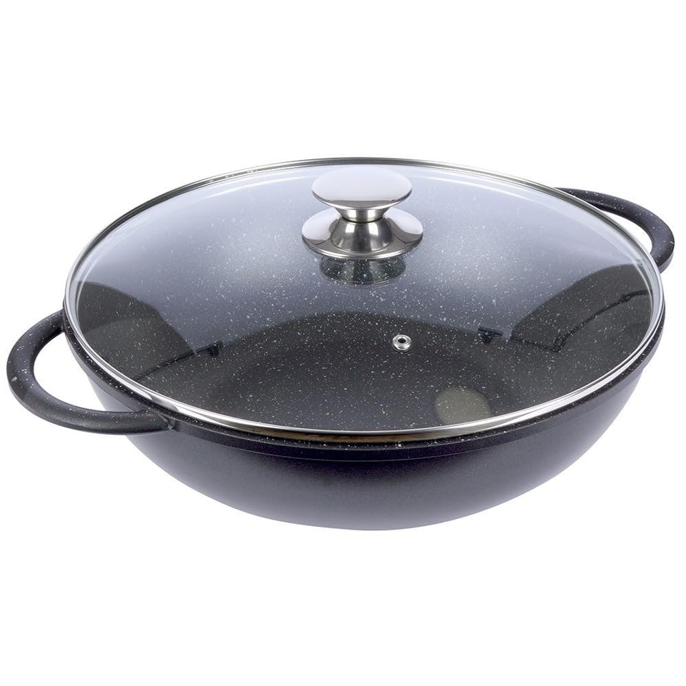 orion group Grande patelnia wok 32 cm ze szklaną pokrywką, powłoka granitowa, nieprzywierająca, indukcyjna, nadaje się do mycia w zmywarce, nie zawiera PFOA, do wszystkich rodzajów kuchenek, czarna