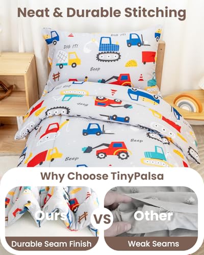 Image of TinyPalsa 4-Piece Toddler Bedding Set, Toddler Bed Comforter Set for Boys | Includes Comforter, Fitted Sheet, Flat Sheet & Pillowcase, Grey Construction