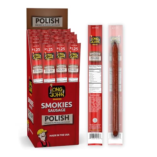 Long John Snacks Smokies Smoked Sausage Links - Premium USA-Sourced Pork & Beef Jerky Sticks - High-Protein Meat Sticks Individually Wrapped - Gluten-Free, Keto, Low Carb Snacks- Pickled Polish, 24 Pack