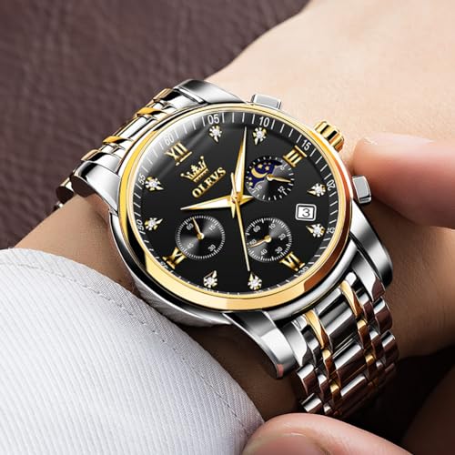 OLEVS Men Watches Square Business Dress Diamond Analog Quartz Date Luxury Watch for Men Casual Stainless Steel Waterproof Luminous Two Tone Wrist Watch3