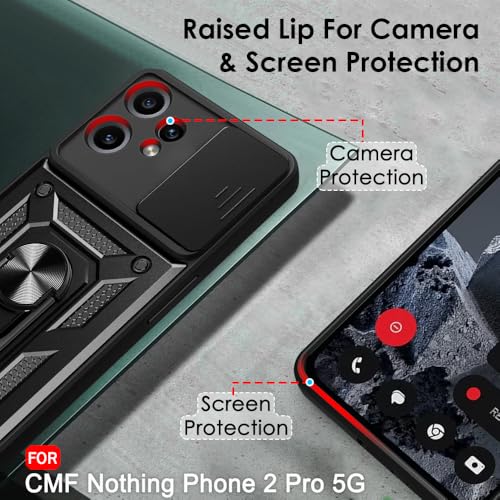 Image of TheGiftKart Tough Armor Bumper Back Cover Case for CMF by Nothing Phone 2 Pro 5G | Sliding Camera Cover, Kickstand & Ring Holder | 360 Protection Cover for Nothing CMF Phone 2 Pro (PC & TPU, Black)