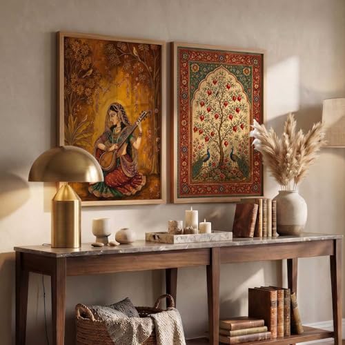 Image of kotart Madhubani Art Wall Painting Traditional Home Decoration With Frame For Living Room Bed Room Hotel Wall Decor Digital Reprint Set of 2 (13X17 INCH)