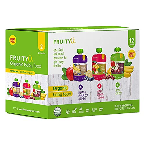 FruityU Organics Baby Food Stage 2 Variety Pack – Banana Blueberry Oatmeal, Apple Mango Spinach, Apple Cherry 3.5 ounce pouch (Pack of 12)