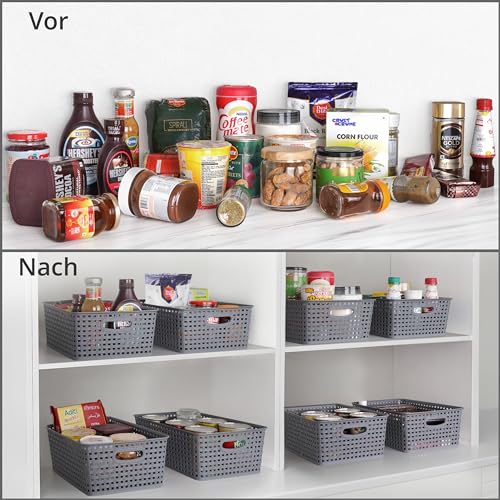 Winter Shore Kunststoff-Korb Aufbewahrung Grau [4er-Pack] - Körbe Aufbewahrung im Gewebten Design für Schrank, Küchenregal, Unter der Spüle, Waschküche, Schlafzimmer, Badezimmer - 29 x 22,5 x 12 cm
