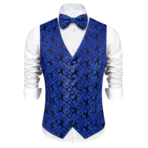 Image of DiBanGu Mens Paisley Suit Waistcoat,Silk Dress Vest and Bowtie Pocket Square Cufflinks with Lapel Pin Set for Wedding Tuxedo