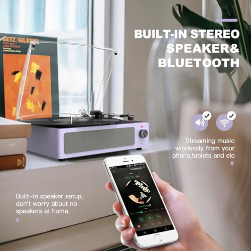Image of Record Player for Vinyl Turntable with Speakers, Lavender Purple