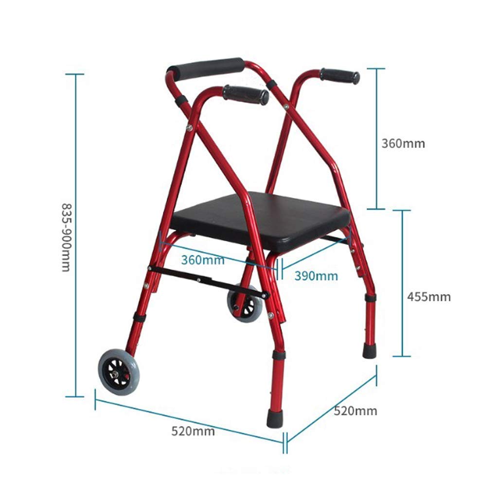 Andador, andador con ruedas de aluminio para personas mayores, andador con asiento y ruedas, marco para caminar con ayuda para la movilidad de viaje para adultos, ligero, plegable, ajustable, rojo