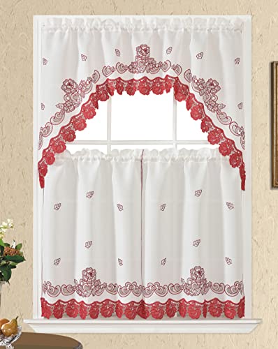 GOHD Lace Rosarium Kitchen Curtains 3PCS Kitchen Curtains and Valances Set Elegant White Fabric with Rose Embroidery and Lace. (Red Swag and 34 inches Tiers Set)
