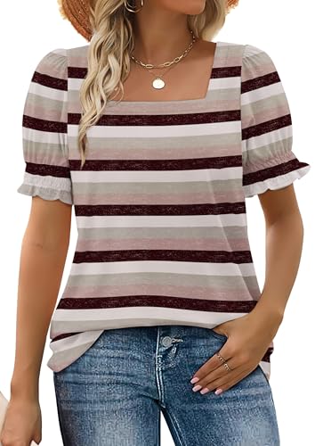 Image of WIHOLL Tops for Women Summer Casual Ruffle Trim Sleeve Square Neck T Shirts