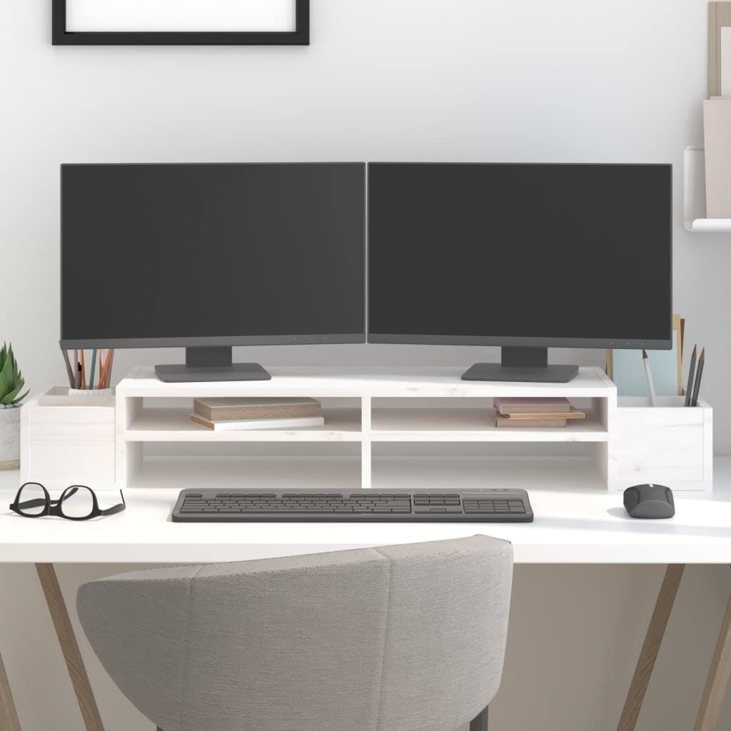 Support Moniteur Rehausseur En Pin Massif - 100x27x14 Cm - Blanc - Range Clavier Dessous - Ergonomie Bureau - 5