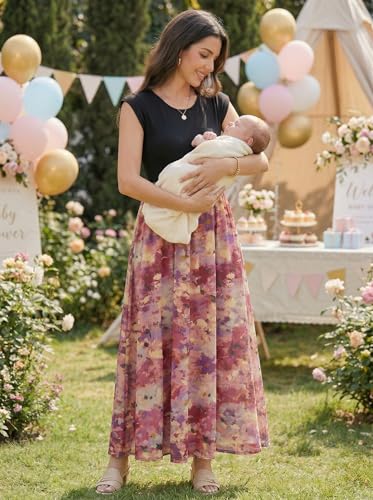 Image of OUGES Women's Maternity Dress Summer Ruffle Sleeve Patchwork Casual Flowy Maxi Dresses with Pockets