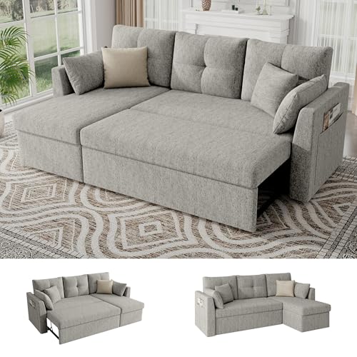 Huatean Home Sleeper Sofa Couch, Sleeper Sectional Sofa Bed with Side Pocket for Living Room, 2 in 1 Pullout Couch Bed with Storage Chaise, Light Grey