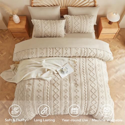 Image of MR&HM Full Size Bed Sheets and Comforter Set Beige, 7 Pieces Tufted Boho Beddding Sets, Farmhouse Style Bed in a Bag with 1 Comforter, 2 Pillow Shams, 2 Pillowcases, 1 Flat Sheet, 1 Fitted Sheet