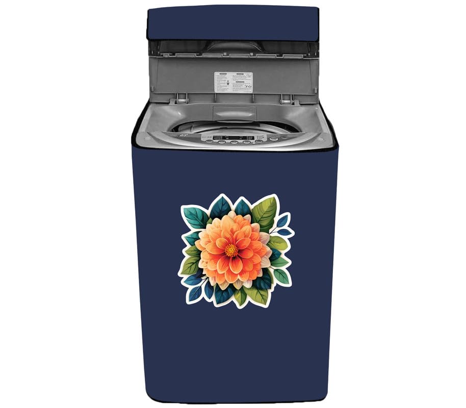 Image of Top-load washing machine cover Compatible for LG & SAMSUNG 8.5 Kg to 10KG Solid Blue Flower Orange beautiful digital illustration print