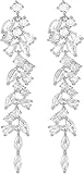 Silver Diamond Dangle Earrings for Women - Long Tassel Leaf Drop Earrings - Crystal Rhinestone Chandelier earrings - Elegant Statement Jewelry for Wedding Party and Daily Wear (Silver)
