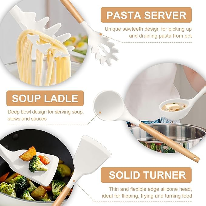 Image of Barebeauty 12 Pcs Silicone Kitchen Utensils Set with Holder Heat Resistant Silicone Spatula | Turner Set Wooden Spoons Kitchen Tools | Cooking Utensils for Nonstick Cookware (Cream)