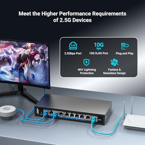 Image of 10 Ports 10Gb Unmanaged Ethernet Switch with 8*2.5G Base-T Ports, 2*10G RJ45 Ports. 80Gbps Switching Capacity, GiGaPlus 10Gbps Network Switch for 2.5G /10Gbps NAS /PC, WiFi6 Router, Wireless AP
