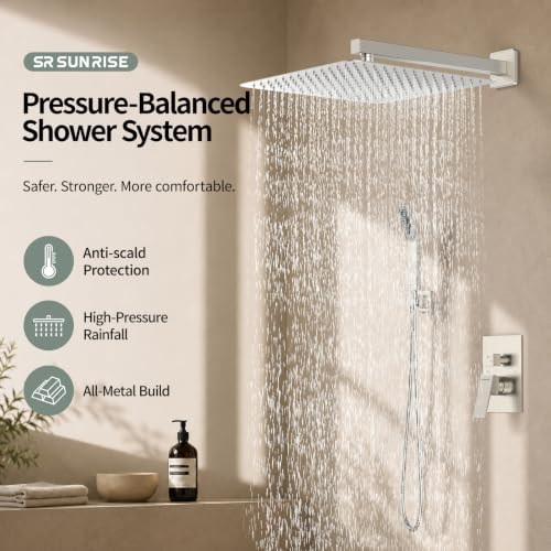 Image of SR SUN RISE Shower Faucet Set 16-Inch Rainfall Shower Head Brushed Nickel
