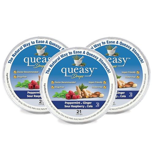 Three Lollies Queasy Drops - Relief from Nausea & Travel Sickness - Relieves a Dry Mouth & Settles The Stomach - Natural Ingredients - 4 Flavors - 21ct (Pack of 3)